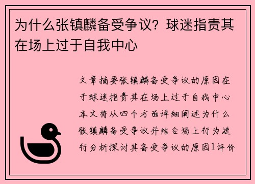 为什么张镇麟备受争议？球迷指责其在场上过于自我中心